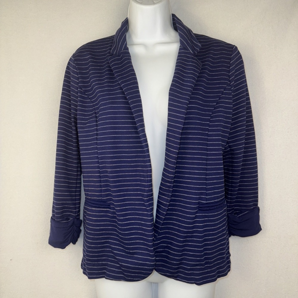 Skies Are Blue Knit Blazer Women Medium Blue Striped Open Front Soft Casual